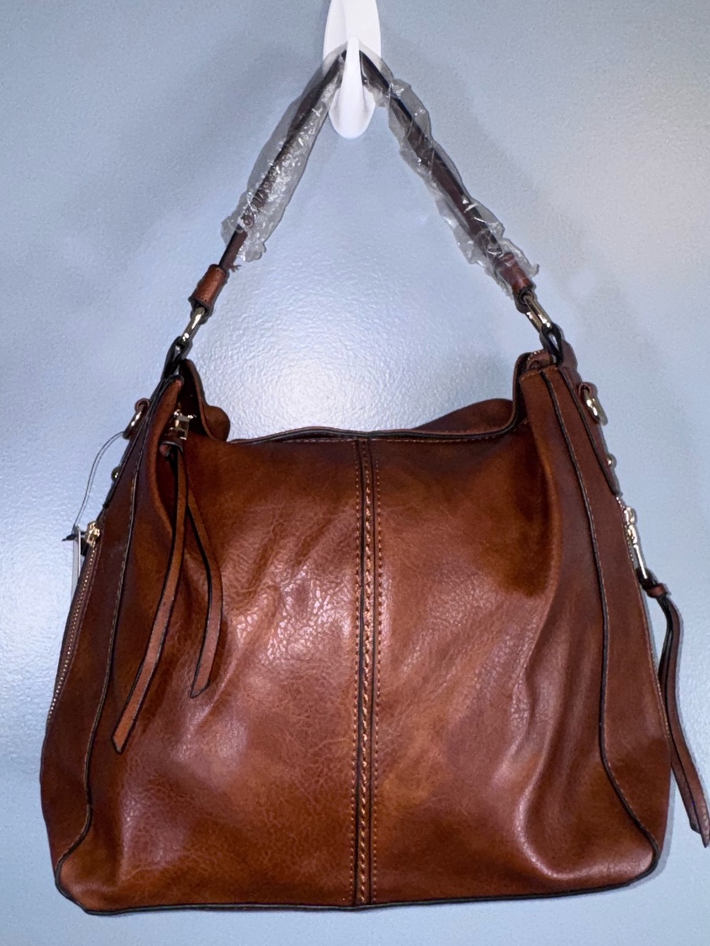Brown Faux Leather Slouchy Hobo Shoulder Bag NWT Side Pockets Crossbody Strap - Picture 3 of 11